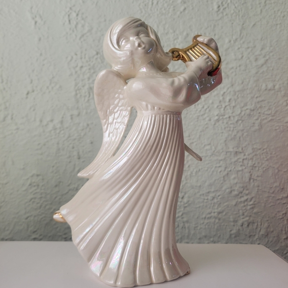 Large Vintage Glossy Porcelain Angel Figurine Playing Harp Christmas Signed 12" - Picture 1 of 11